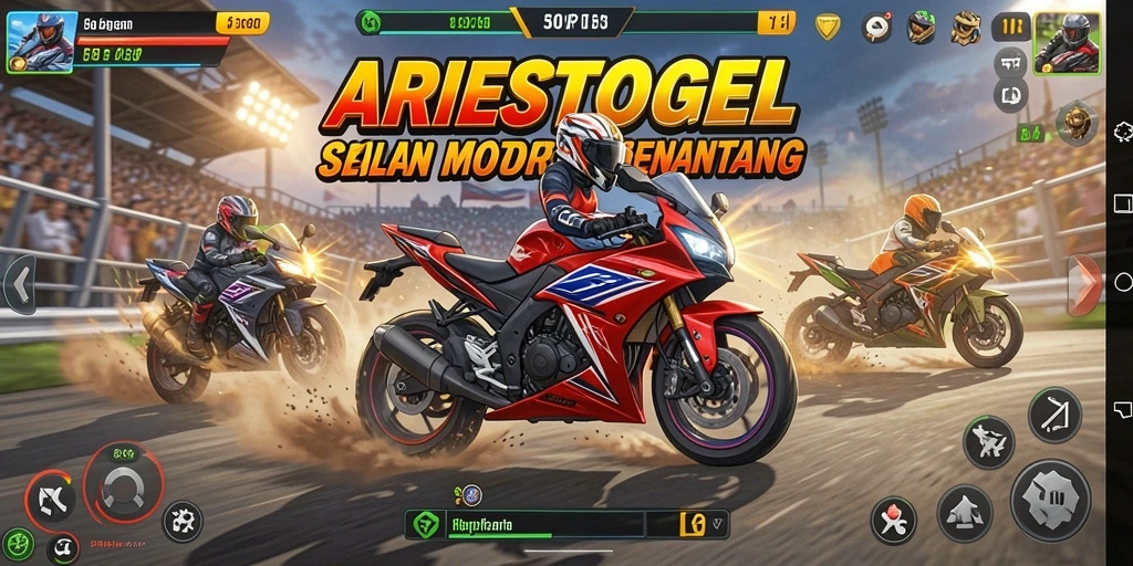 Screenshot utama ARIESTOGEL menunjukkan aksi balapan motor yang intens.
