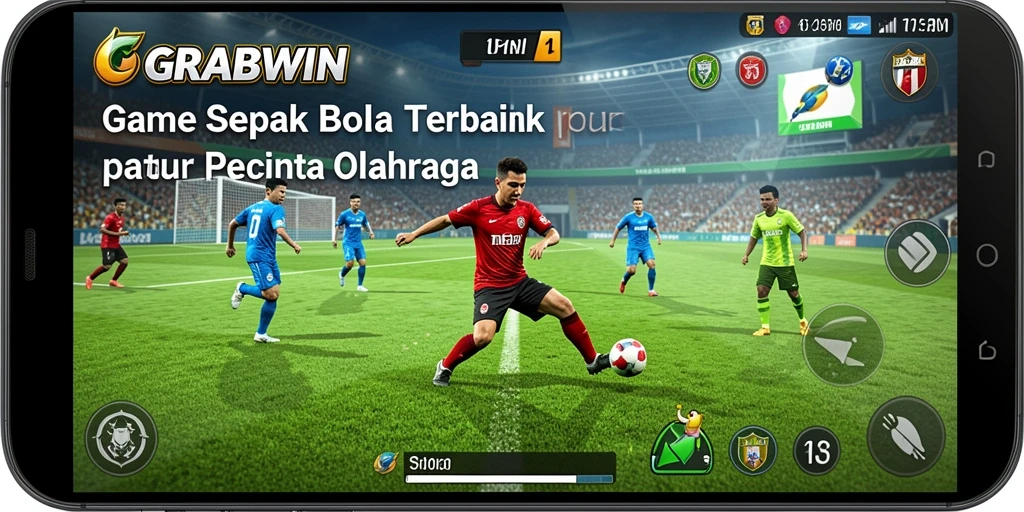 Screenshot gameplay GRABWIN menampilkan aksi seru pertandingan sepak bola.