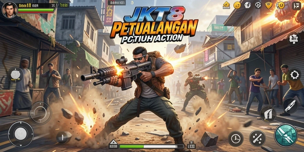 Tampilan gameplay action intens di JKT8 dengan pertempuran menyeramkan.