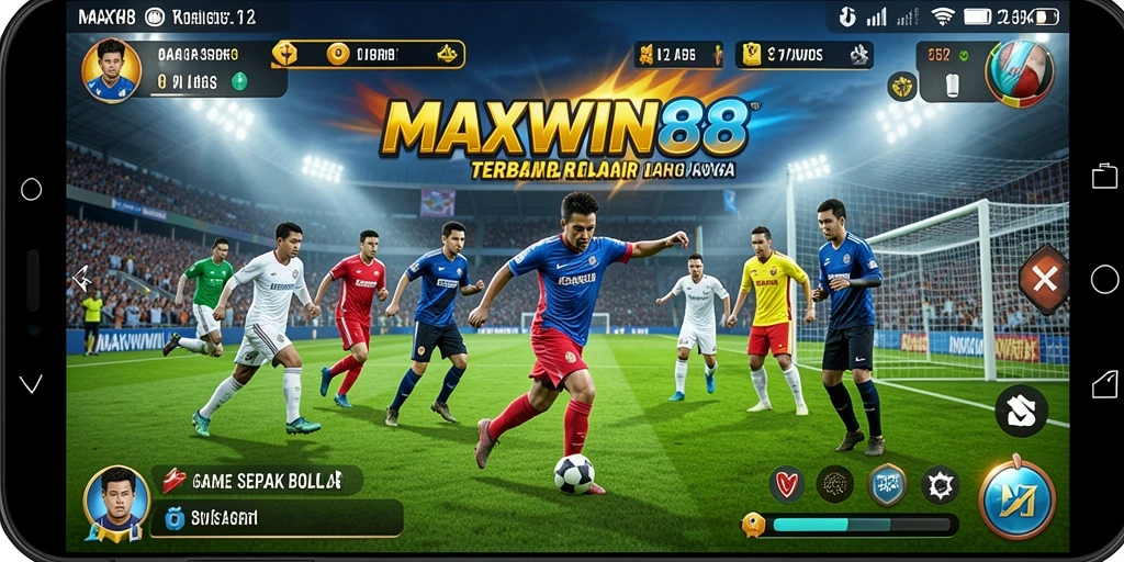 Screenshot gameplay <strong>MAXWIN88</strong> menampilkan aksi seru di lapangan sepak bola.