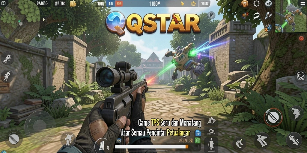 Screenshot QQSTAR menunjukkan momen aksi intens dalam gameplay TPS.
